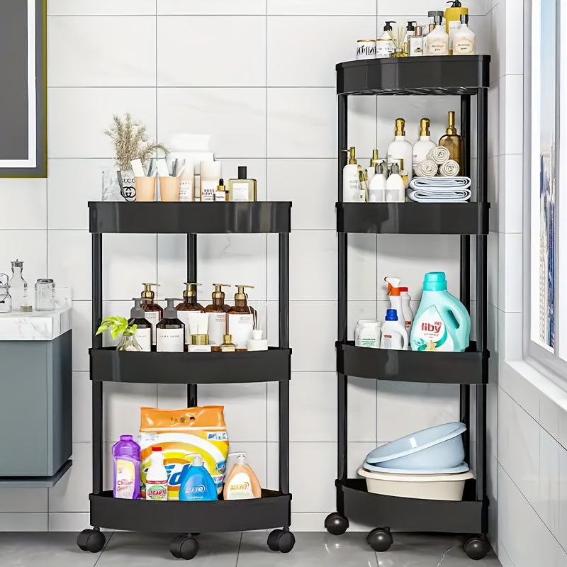 Rotating Wheel Bathroom Corner Shelf, Fan-Shaped Three-Layer Storage Rack, Space-Saving 90 ° Corner Design, Thickened And Elevated, Hollow Drainage, Plastic Material, Suitable for Bathroom, Kitchen, Bedroom, Living Room, Utility Racks