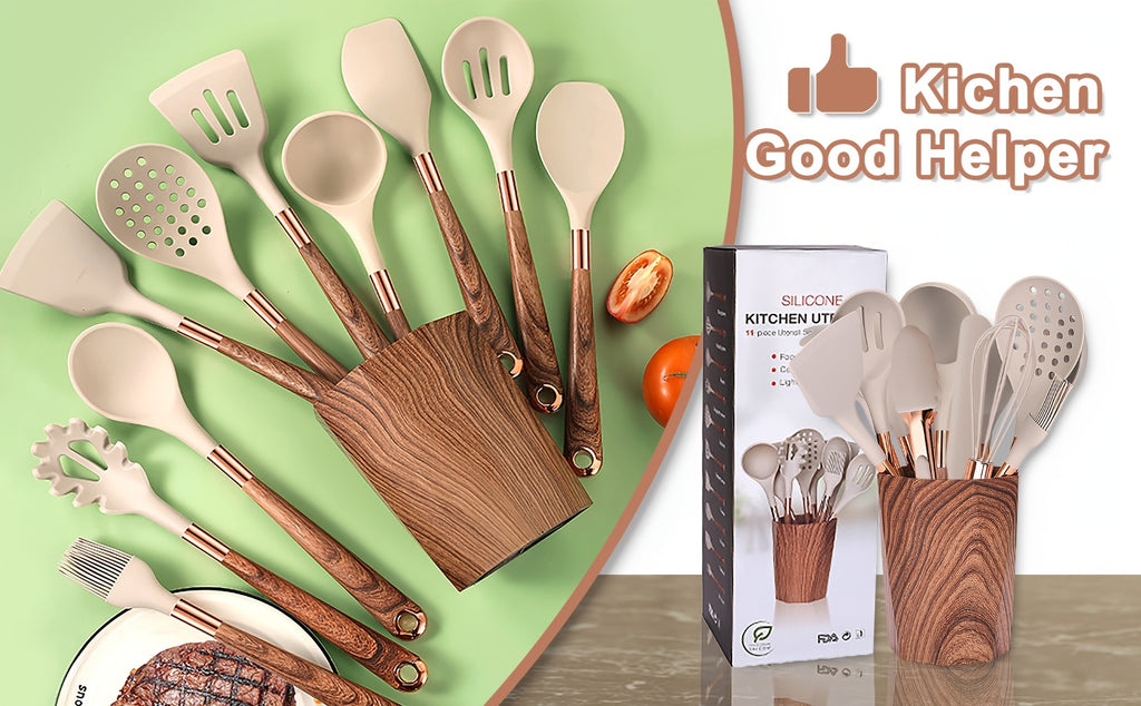 24pcs Silicone Cooking Utensils Set - Kitchen Utensils Set with Storage Box, Wood Pattern Handle Silicone Utensils for Cooking with Food Safety Turner, Pasta Server, Skimmer, Ladle, Spoon, Tong, Whisk