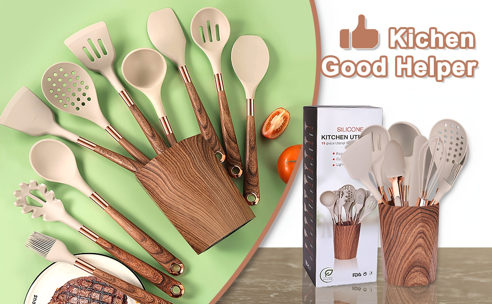 24pcs Silicone Cooking Utensils Set - Kitchen Utensils Set with Storage Box, Wood Pattern Handle Silicone Utensils for Cooking with Food Safety Turner, Pasta Server, Skimmer, Ladle, Spoon, Tong, Whisk