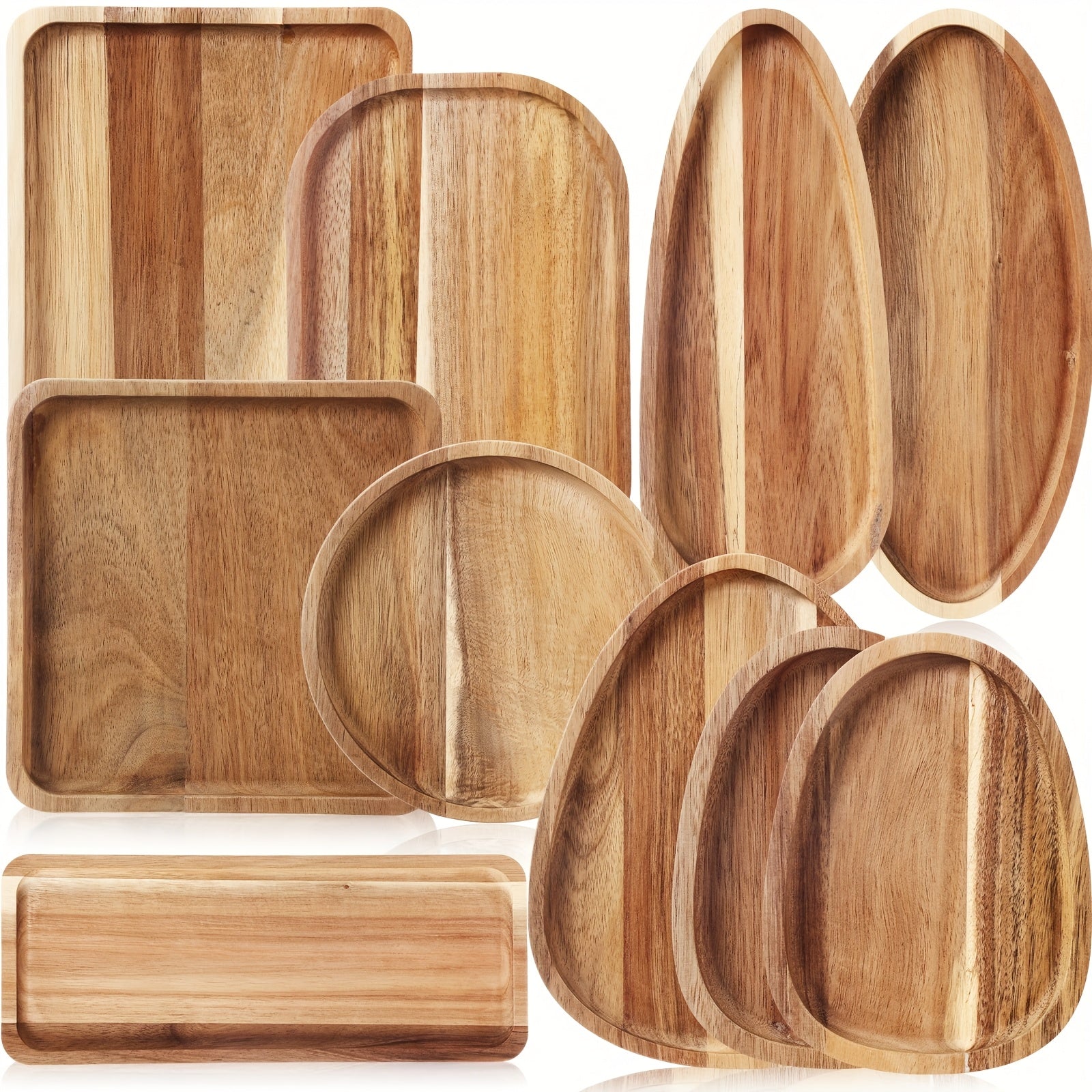 10pcs Acacia Wooden Plates Different Shapes Wooden Serving Platter Wooden Dishes for Snacks, Desserts, Fruit, Salads Decorative Wooden Charger Plates Trays Serving Board Housewarming Gift