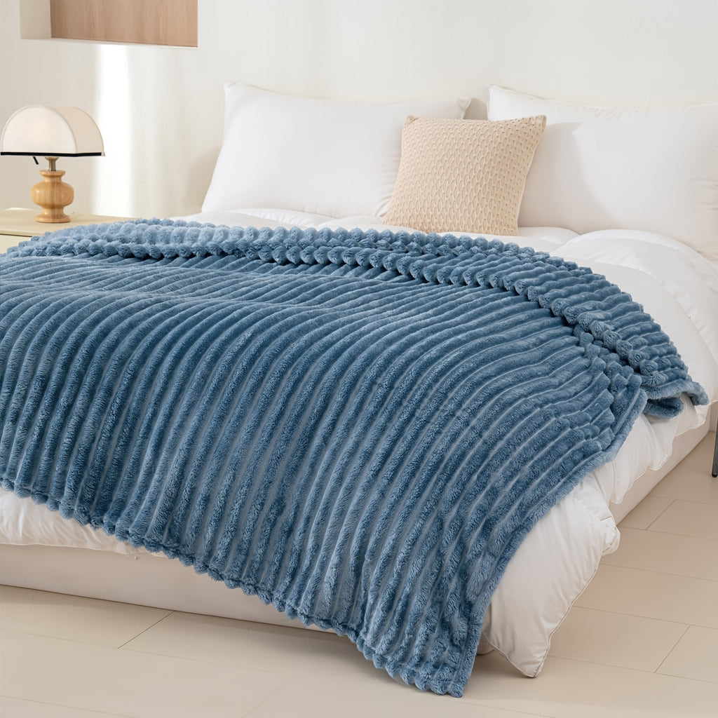 Versatile Cozy Home Textile Accent – comfortable everyday home styling, Luxurious Double-Sided Faux Rabbit Fur Throw Blanket - Cozy Striped Flannel Soft And Warm, designed for American homes, daily convenience and practical gifting