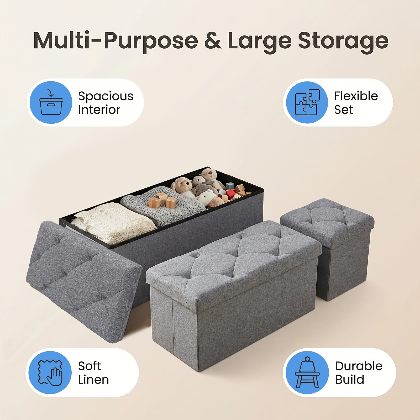 [Multi-Purpose Ottoman Bench] Heavy-Duty Multi-Purpose Folding Storage Ottoman Bench with Seat | Indoor/Outdoor, Space-Saving Design, Non-Porous Easy-Clean Surface - Perfect for Living Room, Bedroom, Patio, Garden Tool Storage - Gray Organizer Bench