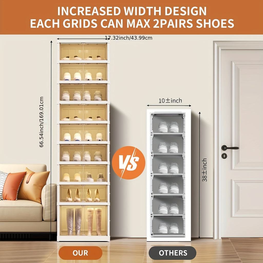 1pc/2pcs Heavy-Duty Collapsible 9-Tier Shoe Cabinet Organizer - Clear Plastic Foldable Stackable Shoe Rack with Shelves, Space-Saving Narrow Storage for Hallway, Apartment, Small Spaces - No Assembly Required (Shelves & Doors)