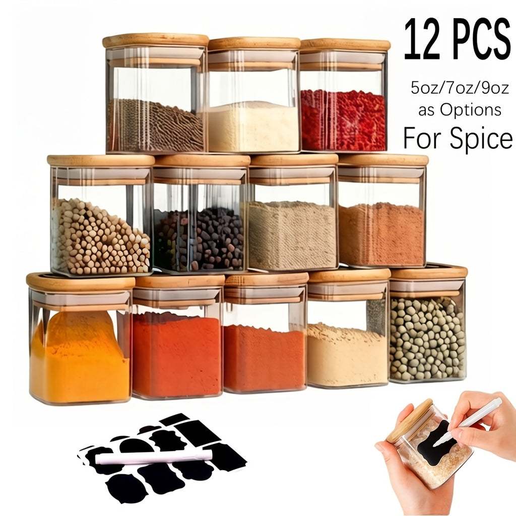 Compact 12pcs Glass Spice Jar Set – clear reusable pantry storage, 12pcs Spice Glass Jars Set with Labels 5oz 7oz 9oz Square Spice Jars with, designed for American homes, daily convenience and practical gifting