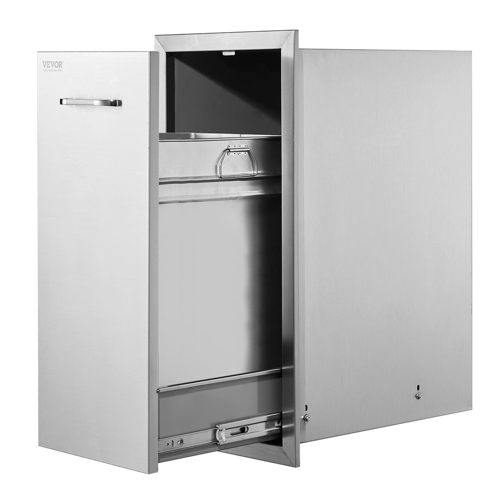 VEVOR Pull Out Trash Drawer 13.6Wx26H Inch Lower Sliding Rails Stainless Steel Trash Drawer with Pull-Out Tray and Handle for Outdoor Kitchen BBQ Island