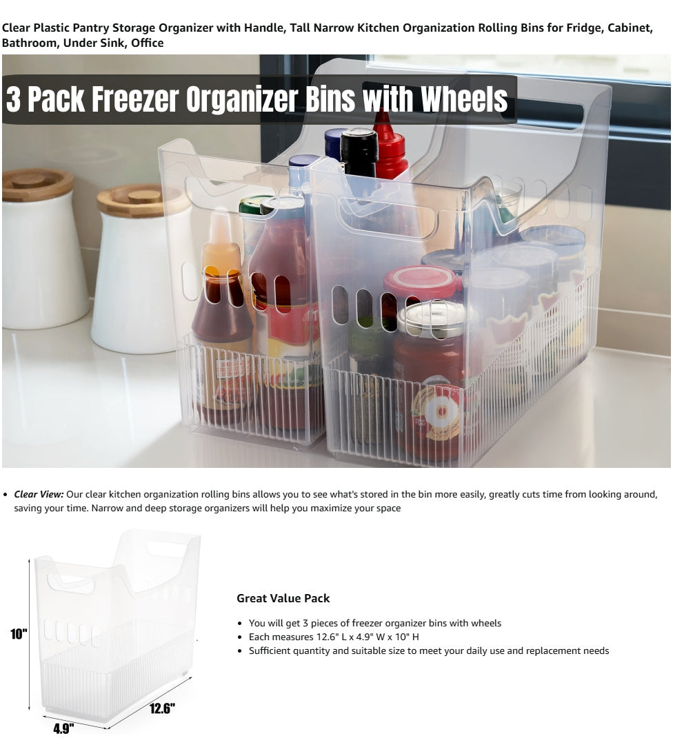 3 Pack Freezer Organizer Bins with Wheels, Clear Plastic Pantry Storage Organizer with Handle, Tall Narrow Kitchen Organization Rolling Bins for Fridge, Cabinet, Bathroom, Under Sink, Office