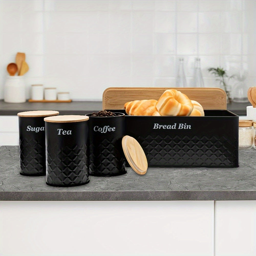 Black Bread Box With Tea Coffee Sugar Canisters