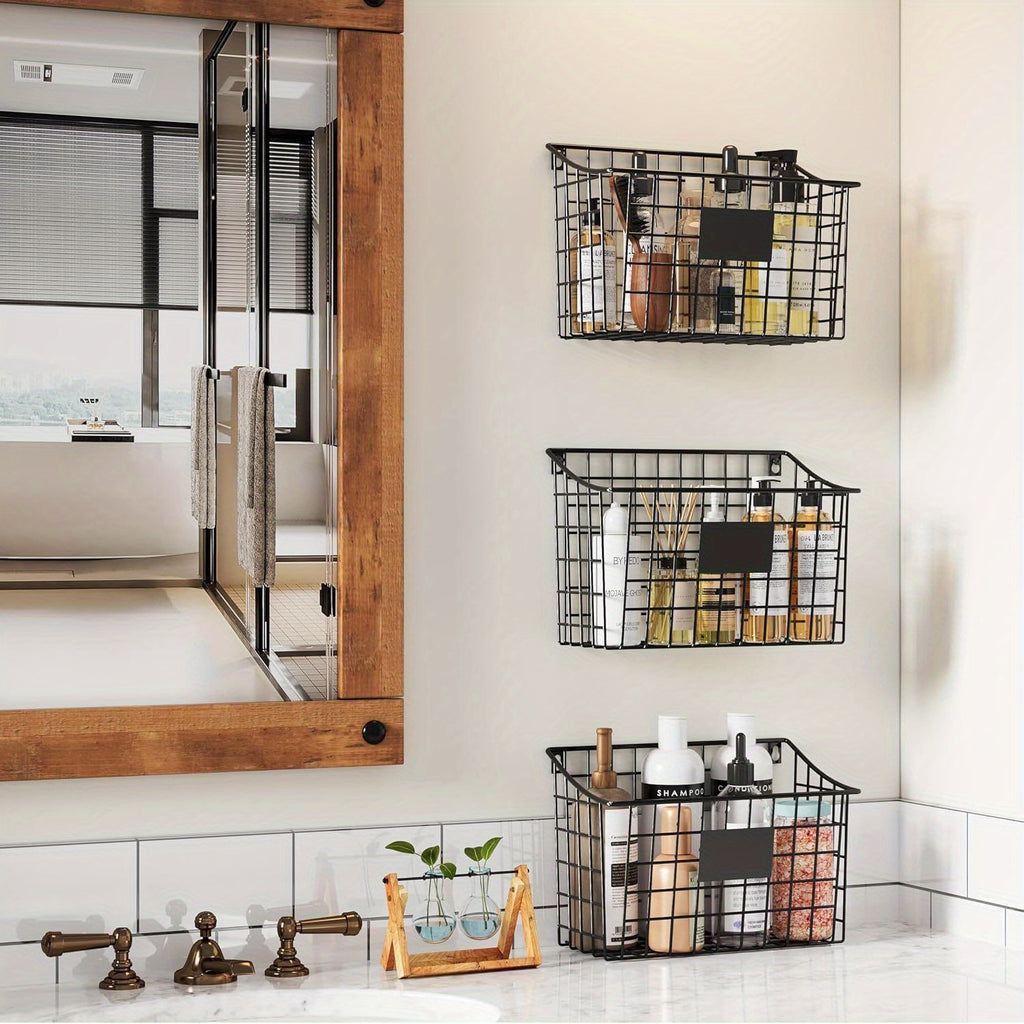 Wall Mounted Bin Basket with 5 Hooks 3 Label Plate Adhesive-3 Pack, Cabinet Hanging Metal Wire Basket, Rustic Farmhouse Decor, Storage Organization Shelf for Pantry Kitchen Bathroom 10.6*7.5*5.1Inch, Shelf Baskets