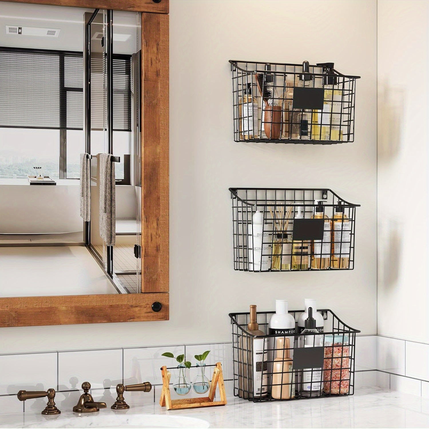 Wall Mounted Bin Basket with 5 Hooks 3 Label Plate Adhesive-3 Pack, Cabinet Hanging Metal Wire Basket, Rustic Farmhouse Decor, Storage Organization Shelf for Pantry Kitchen Bathroom 10.6*7.5*5.1Inch, Shelf Baskets