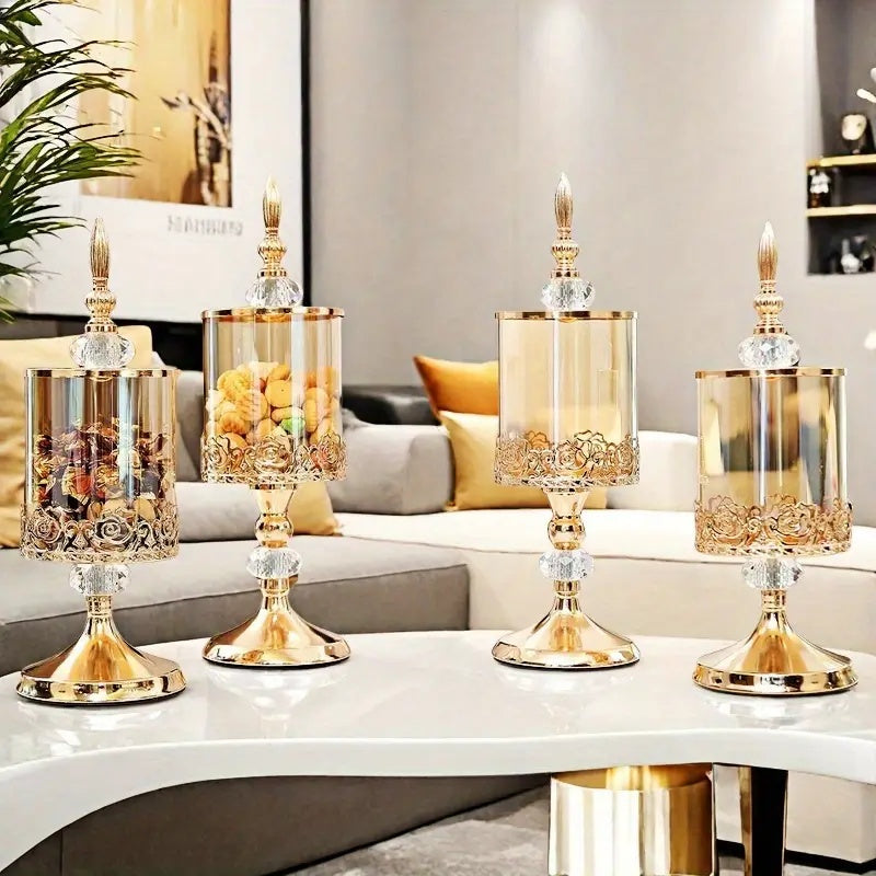 Easy-Access 2pcs Airtight Storage Jar Set – clear reusable pantry storage, 2pcs Vintage Elegant Glass Candy Dish with Lid Golden Crystal Jar for Candy Buffet, designed for American homes, daily convenience and practical gifting
