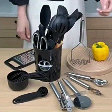 Kitchen Utensil Set - 34pcs Silicone Cooking Utensil with Rack, Heat-resistant Kitchen Utensil Spade Set, Suitable for Non-stick Cooking Utensils, Black Wooden Handle Kitchen Utensil Set