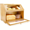 Double Layer Large Bread Box for Kitchen Counter, Wooden Large Capacity Bread Storage Bin (Natural Bamboo)