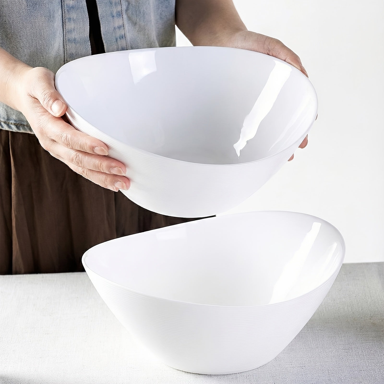 Drinkware – 2pcs 67oz Lightweight Opal Glass Salad Serving Bowls - 10 Large White Oval Dishes