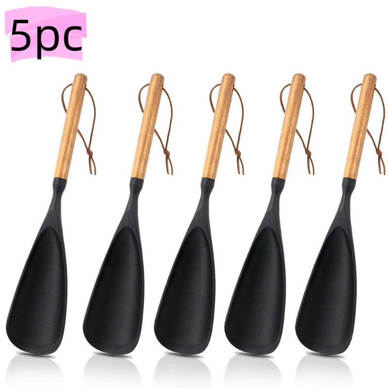 Kitchen Essential – 2pcs Cooking Spoon Set, Suitable for Non-stick Pans, 12-inch Silicone Spoon And Spatula with Wooden Handle, Used for Cooking, Serving, Mixing, Scooping And Scraping, Blac