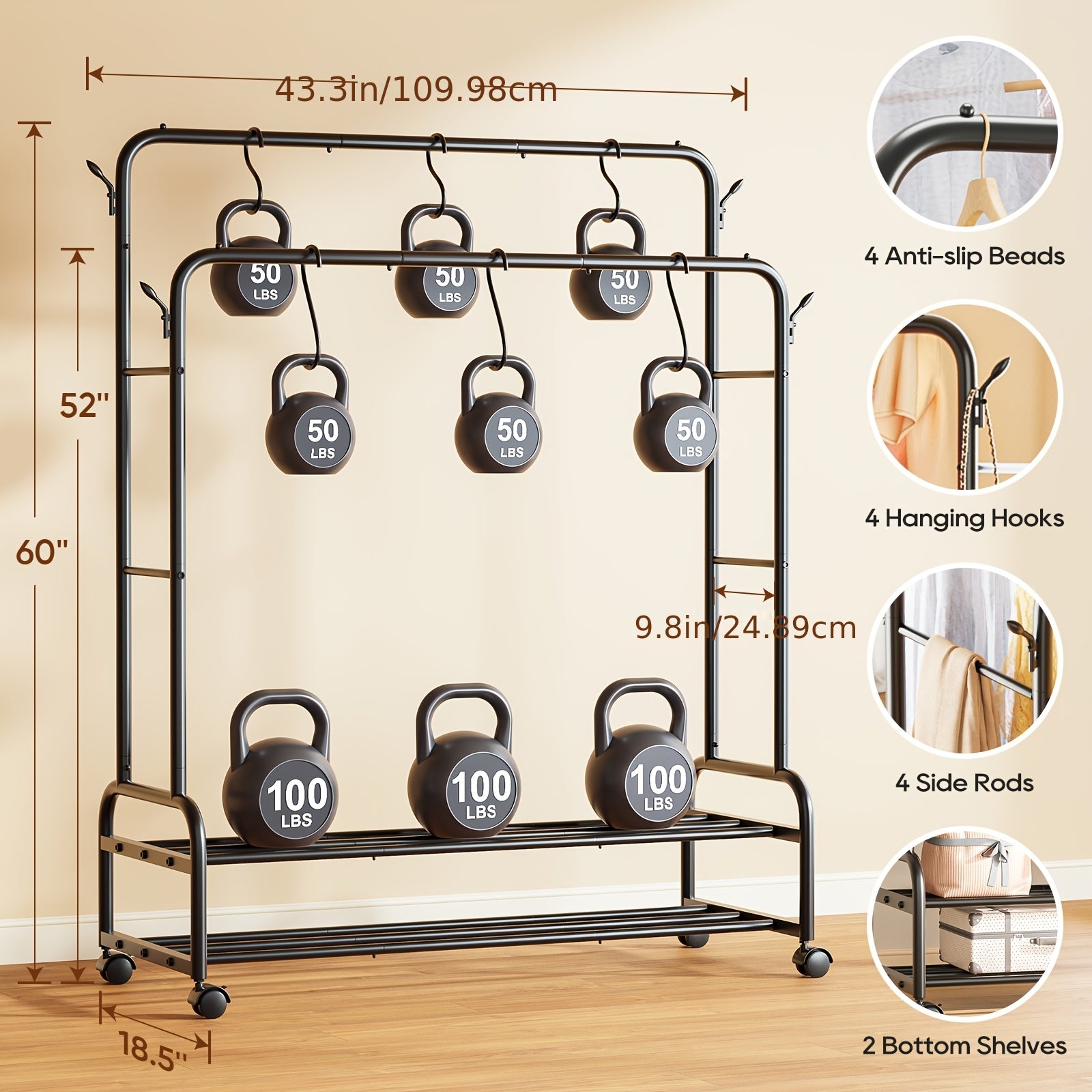Heavy-Duty Adjustable Home Storage Rack – durable multi-purpose storage, Sturdy Metal Double Rodding Clothes Rack with Wheels Portable Clothing Rack with Shelves Hooks, designed for American homes, daily convenience and practical gifting