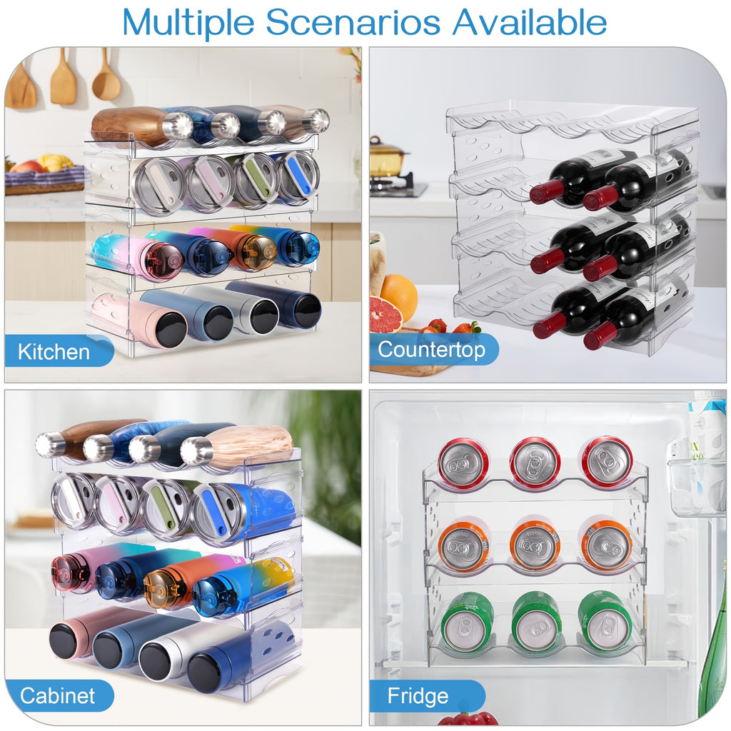 4-Tier Stackable Water Bottle Organizer - Clear Plastic Kitchen Cabinet Storage Rack Holds 16 Bottles, Space-Saving Design for Home, Office, Pantry Organization, Kitchen Organizer, Office Supply Storage, Sleek Appearance, Transparent Material