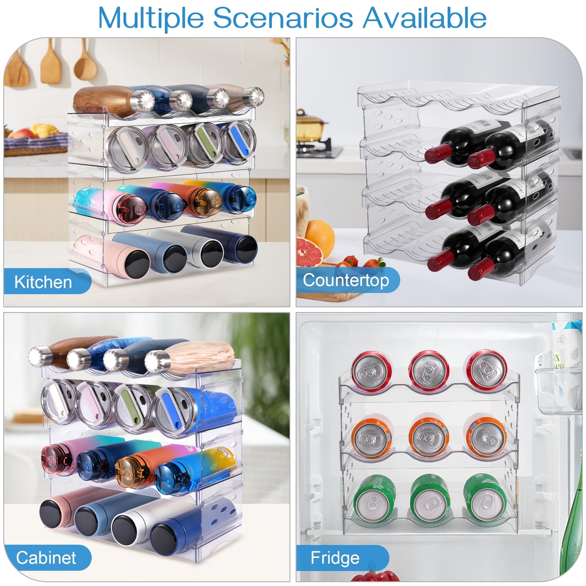 4-Tier Stackable Water Bottle Organizer - Clear Plastic Kitchen Cabinet Storage Rack Holds 16 Bottles, Space-Saving Design for Home, Office, Pantry Organization, Kitchen Organizer, Office Supply Storage, Sleek Appearance, Transparent Material