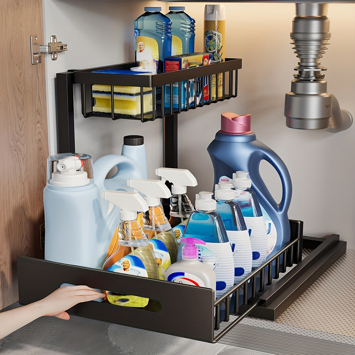 2-Tier Under Sink Organizers And Storage, Under Sink Organizer, Slide Out Pull Out Cabinet Organizer Shelf, Metal Sliding Drawer for Kitchen Bathroom Pantry Cabinet Closet Organization Rack (1 PACK/2 PACK)
