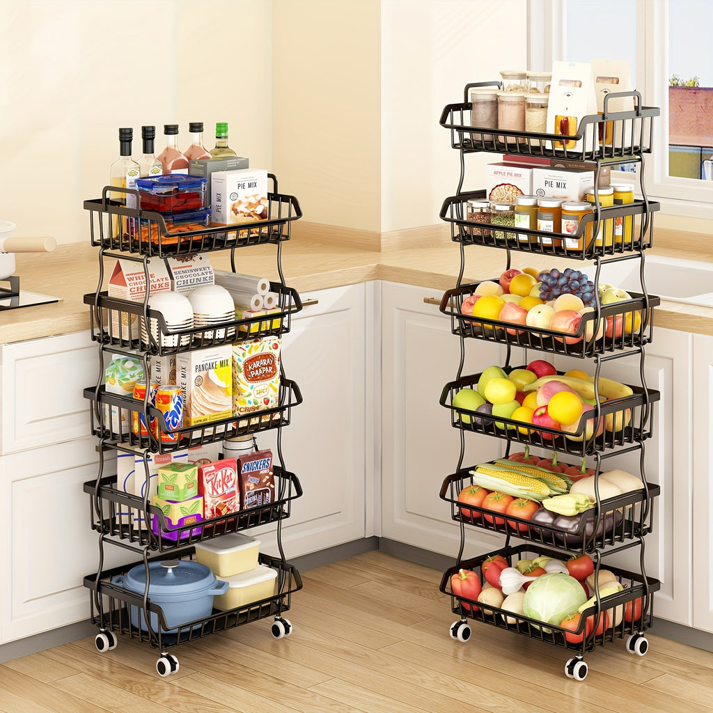 6-Tier Stackable Metal Wire Storage Basket Organizer with Wheels - Space-Saving Kitchen Pantry Organizer for Fruits, Vegetables, Utensils & Utensil Holders, Durable Rectangular Design, Pantry Organizers And Storage, Open Shelf Design, Visible Content Acce