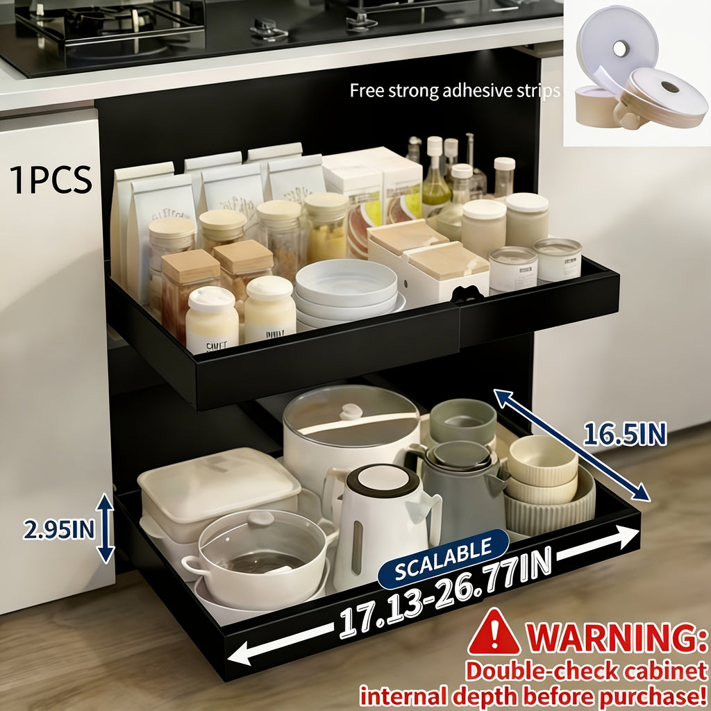 Expandable Pull Out Cabinet Organizer, Heavy-Duty Carbon Steel Slide-Out Drawer, Silent Sliding Roll-Out Shelf With Adhesive Nano Film Or Screw Installation, Rust-Resistant Storage Rack For Kitchen, Bathroom, And Pantry, Gift For Mother'S Day