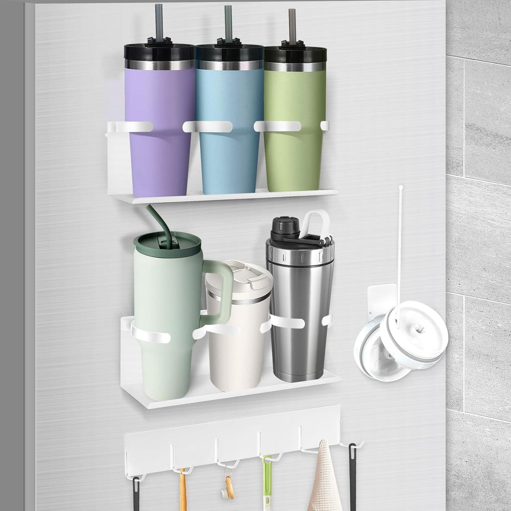 Kitchen Essential – 4-Pack Magnetic Cup Holder for Refrigerator, Magnetic Tumbler Lid Organizer for 20Oz 30Oz 40Oz Cups, Water Bottle Holder Rack with 7 Hooks for Kitchen Fridge Cabinets (Bl