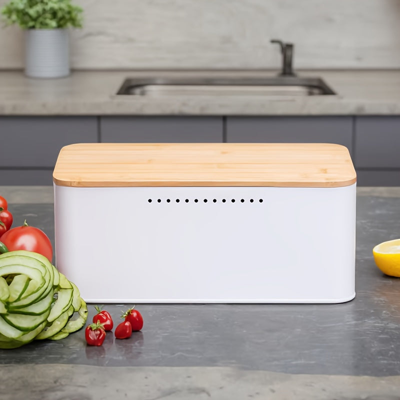 1pc modern design metal bread box white, breathable holes to keep bread soft, with natural bamboo cover cutting board, suitable for kitchen bread sorting, keeping bread fresh, hand washable and reusable square baking storage container, Kitchen