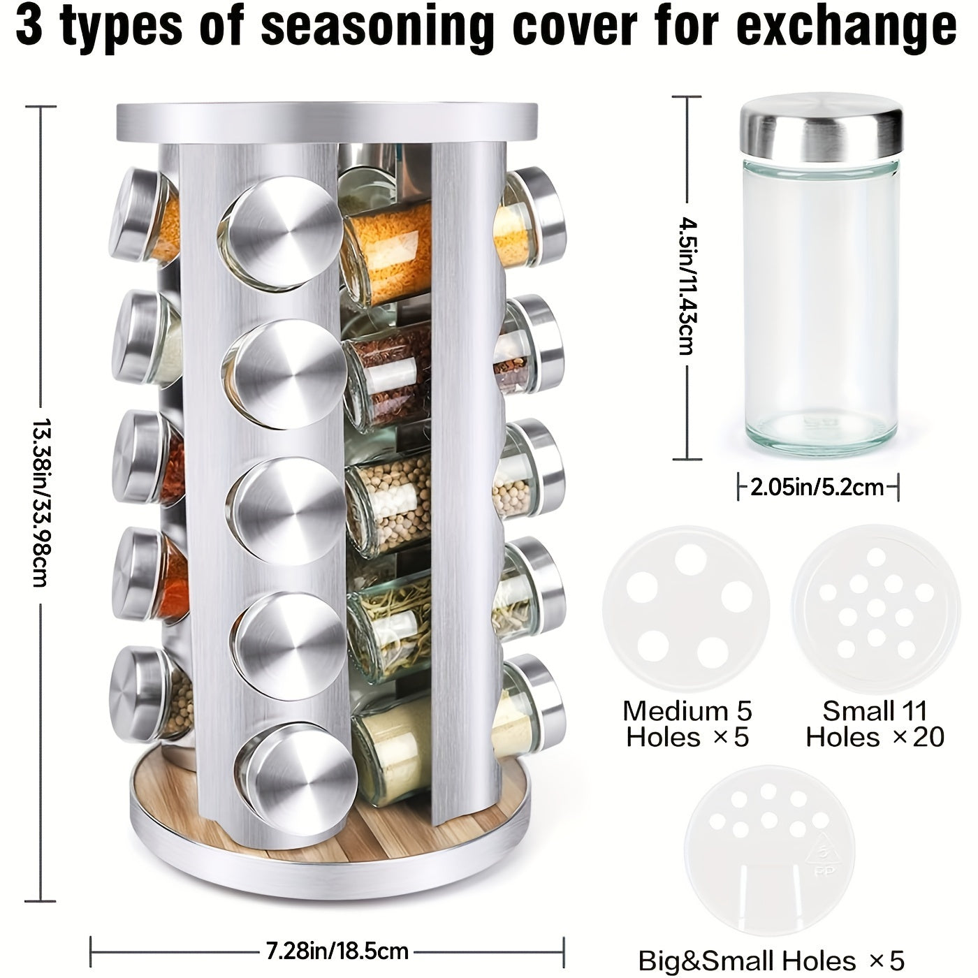 Spice Rack Organizer with Jars for Cabinet Revolving/Rotating Seasoning Organizer, Stainless Steel/Wooden Countertop Rack Tower Organizer for Kitchen Pantry with Reusable Labels/Funnel/Brushes