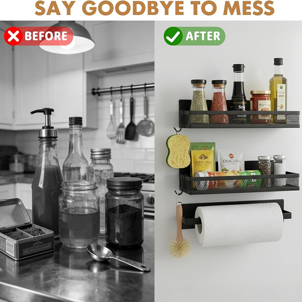 2/3/5pcs Multifunctional Magnetic Refrigerator Spice Organizer Set, Magnetic Kitchen Paper Towel Holder, Magnetic Refrigerator Kitchen, Space Saving Design, Hole-Free Design, Kitchen Accessories, Home Decoration, Utility Shelves