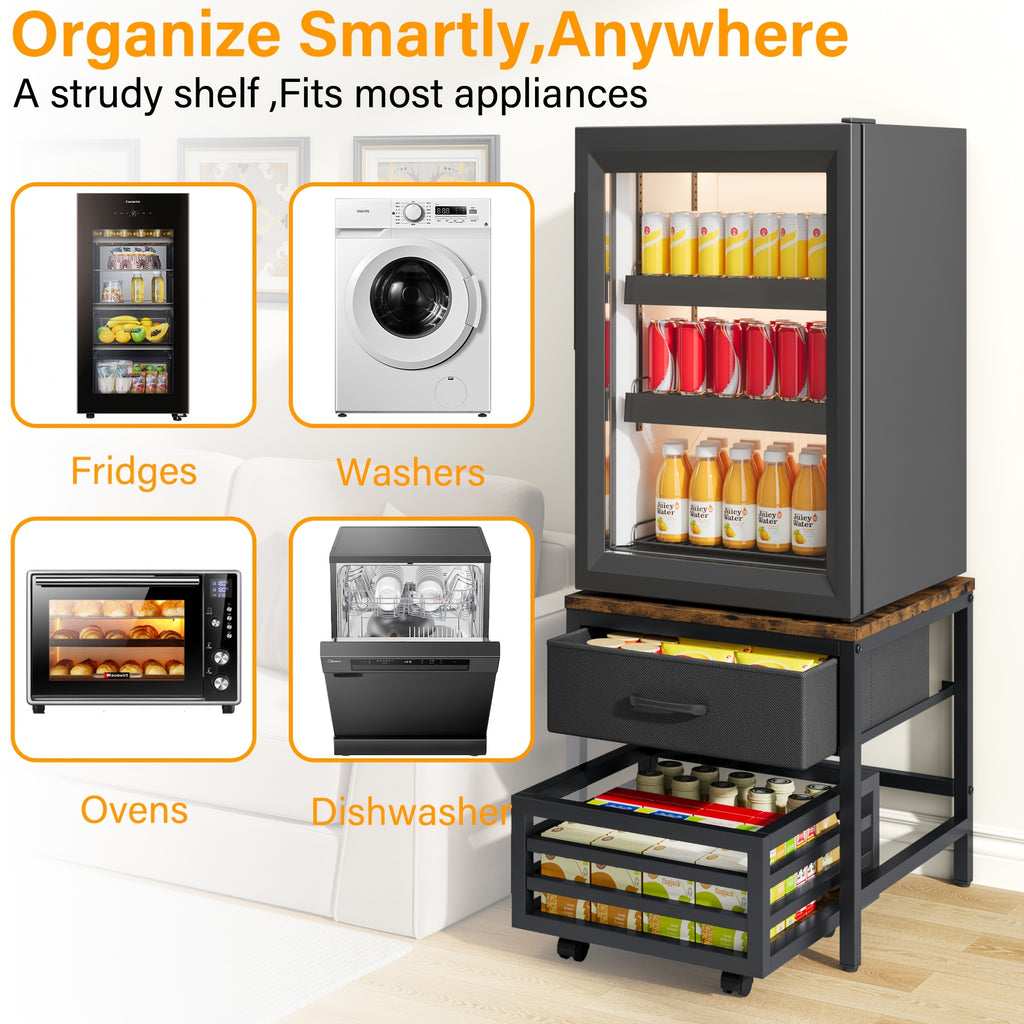 Heavy Duty Appliance Storage Shelf with Sliding Shelf & Drawer - Suitable for Fridge, Washer, Dishwasher | 19.69inch Height Shelf with 88lb Basket & Smooth Glide Drawers | 360° Swivel Wheels, Wood for Laundry Room & Kitchen, Utility Racks