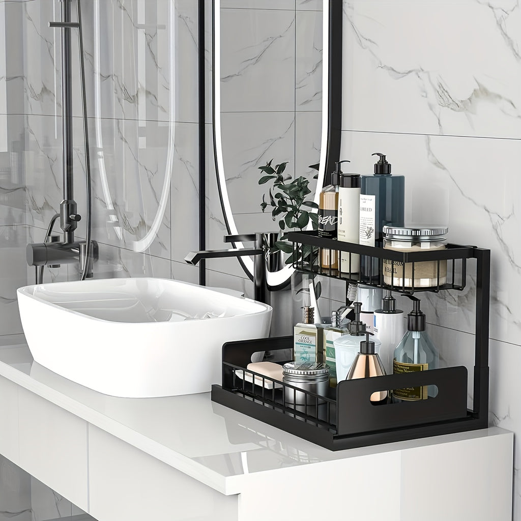 Kitchen Essential – Two-Tier Under-Sink Organizer Featuring a Sliding Drawer, Metal Pull-Out Storage Rack for Kitchen, Bathroom, Or Closet, Designed for Space Efficiency And Easy Access for