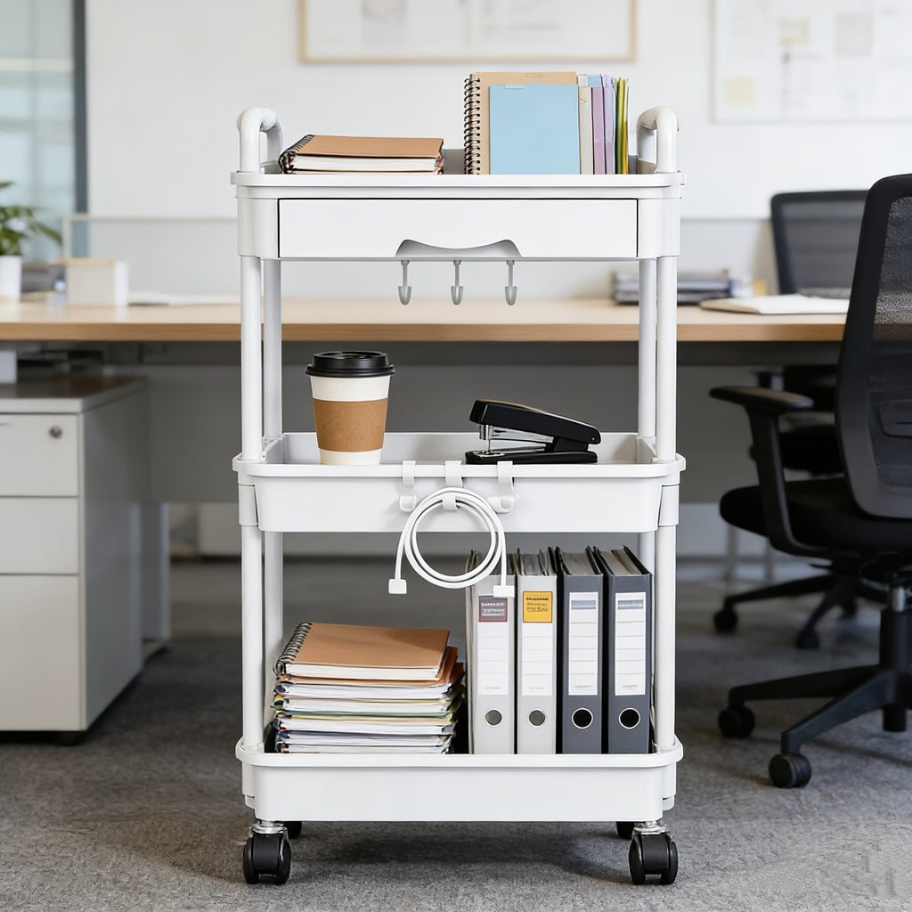 3-Tier and 4-Tier Rolling Utility Cart with Drawers - Multi-functional Storage Organizer with Plastic Shelves and Lockable Wheels, Suitable for Kitchen, Bathroom, Office, Living Room - Available Colors: Black, White, Gray, Pink, Green, Blue