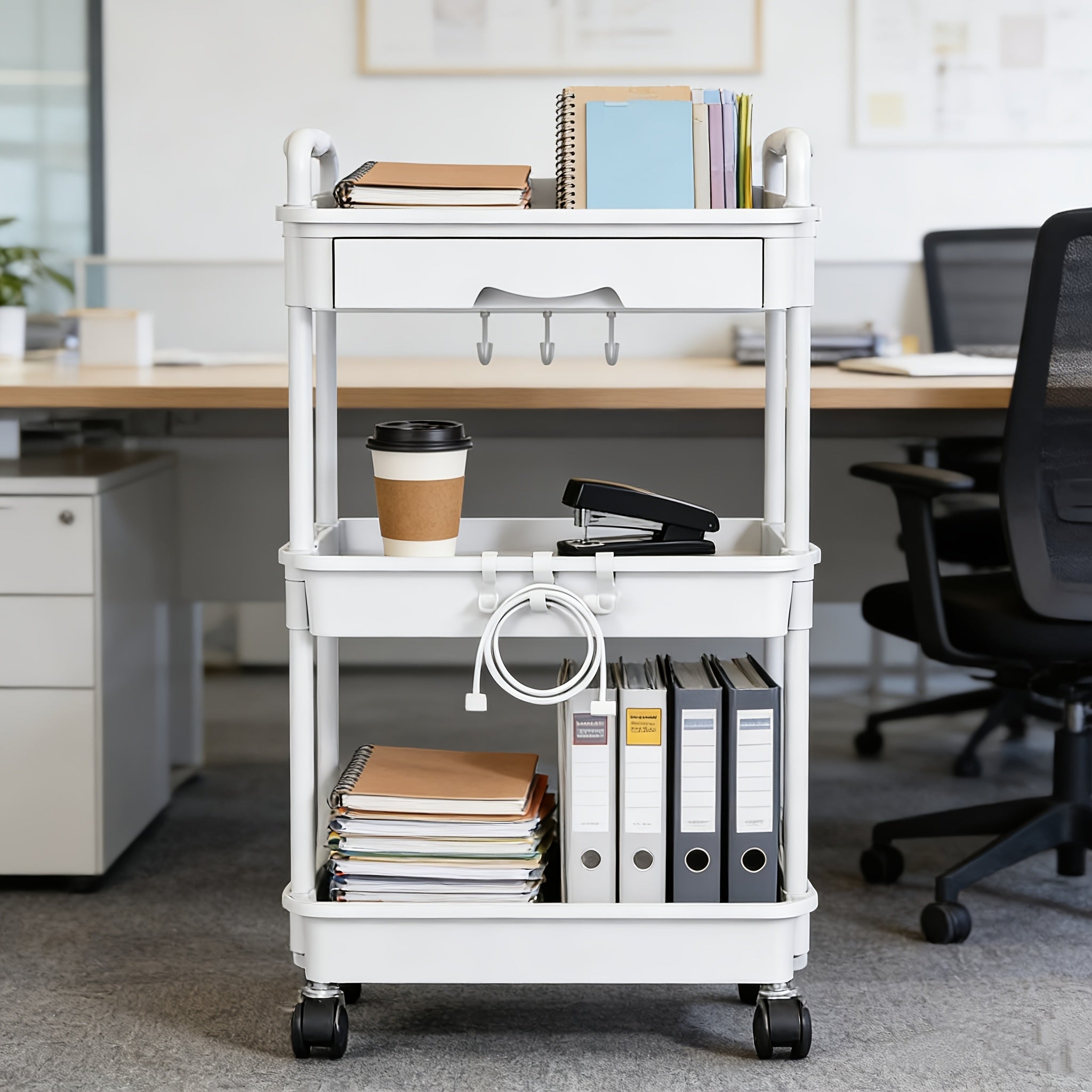 3-Tier and 4-Tier Rolling Utility Cart with Drawers - Multi-functional Storage Organizer with Plastic Shelves and Lockable Wheels, Suitable for Kitchen, Bathroom, Office, Living Room - Available Colors: Black, White, Gray, Pink, Green, Blue