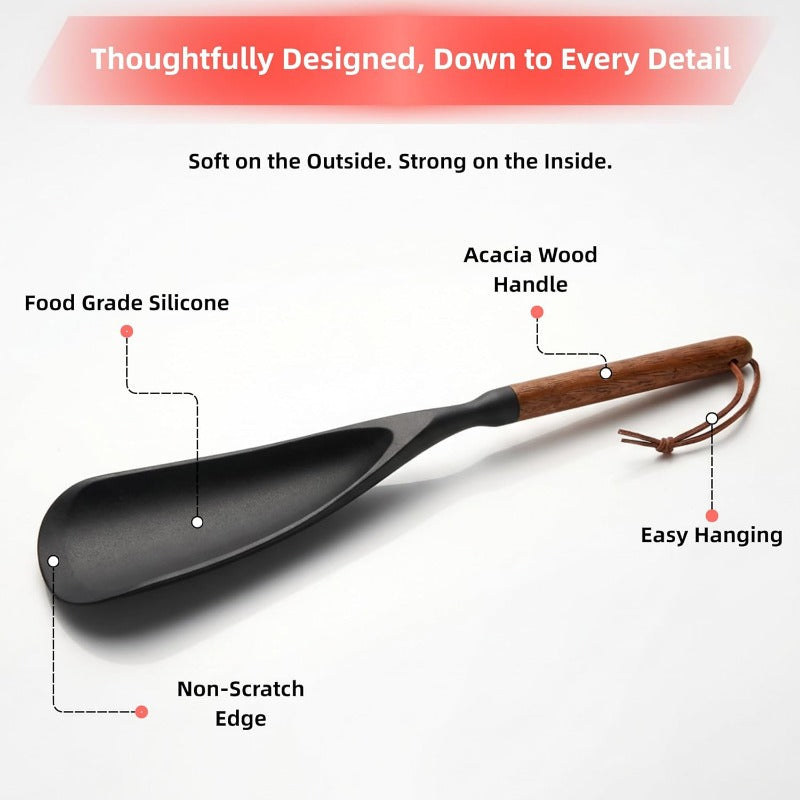 Kitchen Essential – 2pcs Cooking Spoon Set, Suitable for Non-stick Pans, 12-inch Silicone Spoon And Spatula with Wooden Handle, Used for Cooking, Serving, Mixing, Scooping And Scraping, Blac