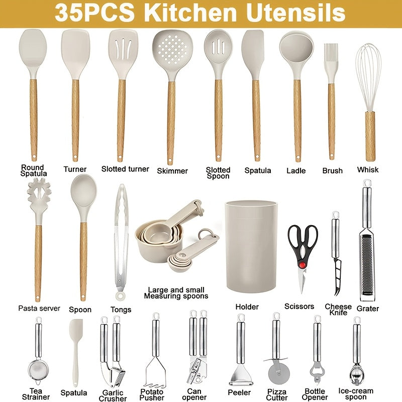 Kitchen Essential – Kitchen Utensil Set - 34/35pcs Silicone Cooking Utensils, Heat-Resistant Kitchen Utensil Spatula Set, Suitable for Non-Stick Pans, Wooden Handle Kitchen Tool Set for Mode
