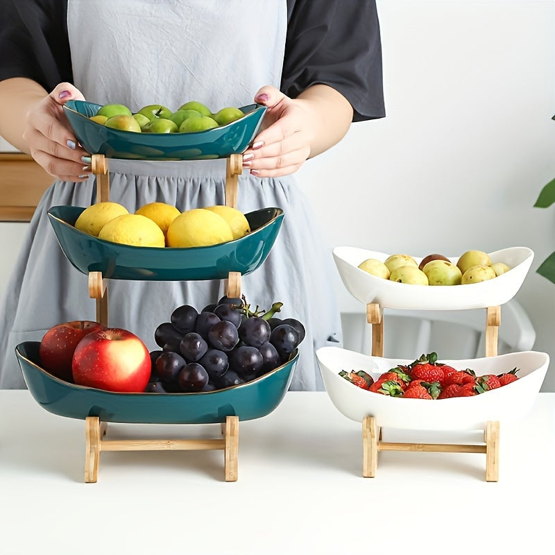 2/3 Tier Luxurious Wooden Elegant Fruit Stand- Double Layer Fruit Bowl and Creative Candy Display- Made of Natural Wood, Suitable Snack Tray for Living Room, Space-saving Design, Easy to Assemble, Father'S Day Gift, Kitchen Dessert Tray