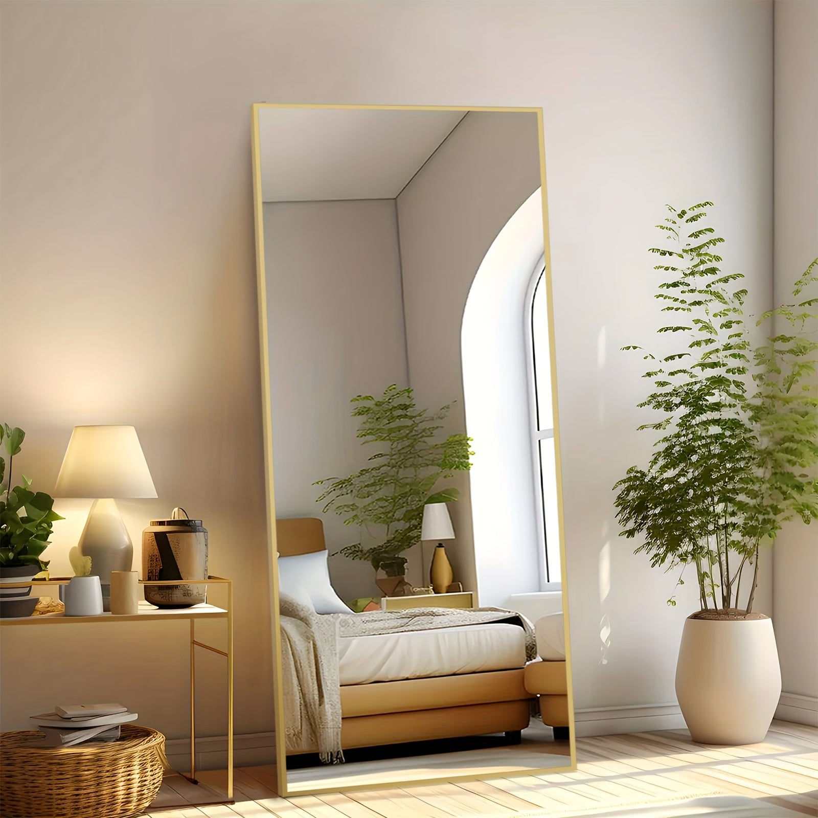 Arched/Rect Full Length Mirror, Full Body Mirror with Stand, Freestanding, Hanging or Leaning for Wall, Steel Alloy Thin Frame Floor Standing for Hotels and Bathrooms