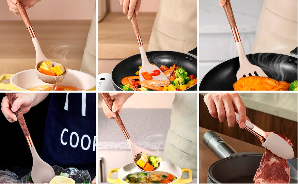 24pcs Silicone Cooking Utensils Set - Kitchen Utensils Set with Storage Box, Wood Pattern Handle Silicone Utensils for Cooking with Food Safety Turner, Pasta Server, Skimmer, Ladle, Spoon, Tong, Whisk
