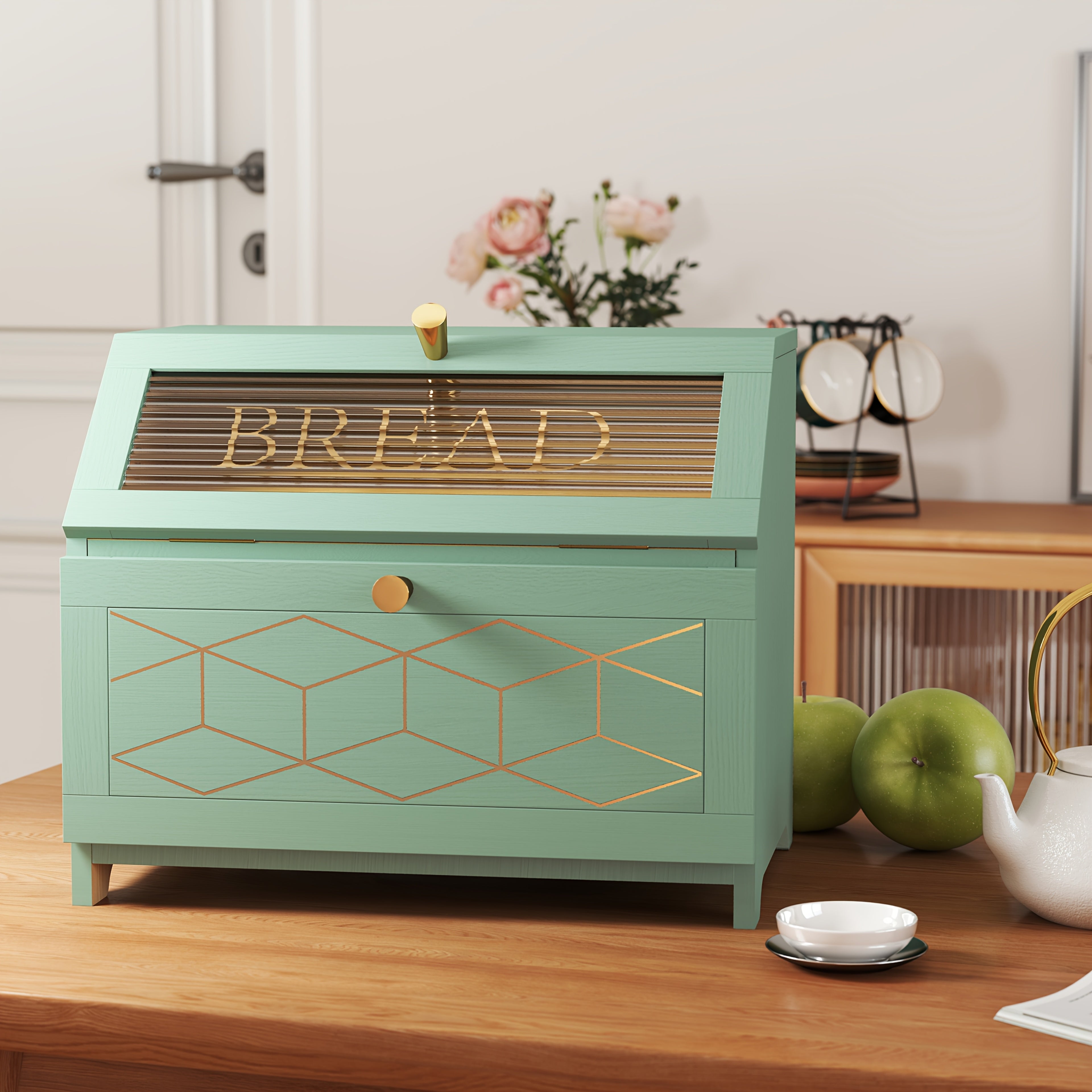 Easy-Access Countertop Bread Storage Box – fresh-bread countertop organization, Spacious Two-Tier Wooden Bread Box with Golden Accents Flip-Top Design Ideal for Kitchen Surfaces, designed for American homes, daily convenience and practical gifting
