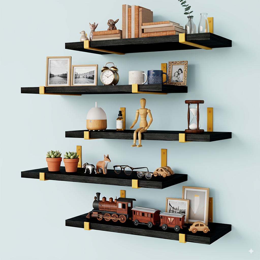 TOMNK 5pcs Rustic Floating Shelf Set, Size 15.8x4.7 Inches, Suitable for Bedroom, Living Room, Kitchen, Bathroom, Home Decor, Laundry Room, Office, and Plant Display - Rustic Wooden Wall Storage Shelves, Floating Shelves