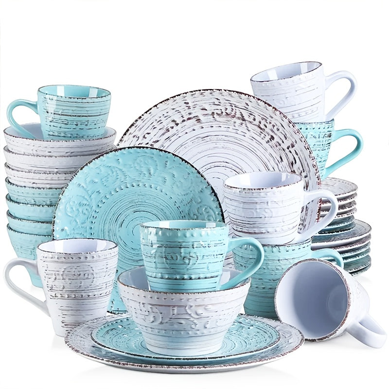 [Gifts For Weddings] Zenora 32pcs Ceramic Dinnerware Set, Embossed Modern White Porcelain Plates And Bowls For Dinner And Dessert, Microwave & Dishwasher & Oven Safe, Durable Tableware, Home Kitchen & Restaurant Use And Family Serving/ Gifts For Weddings