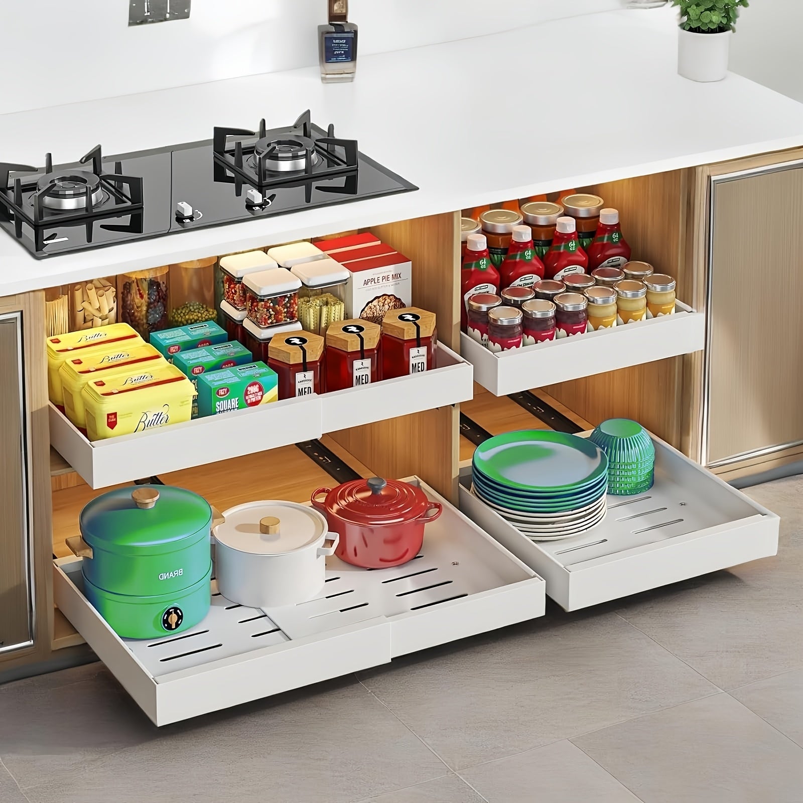 Easy-Access Pull-Out Cabinet Organizer – smooth-access cabinet organization, Set of 4 Sturdy Carbon Steel Sliding Storage Organizers for Kitchen Cabinets Featuring Expandable, designed for American homes, daily convenience and practical gifting