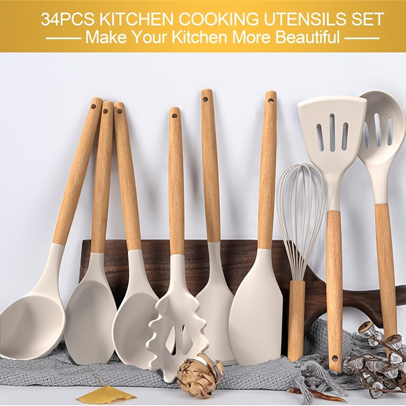 Kitchen Essential – Kitchen Utensil Set - 34/35pcs Silicone Cooking Utensils, Heat-Resistant Kitchen Utensil Spatula Set, Suitable for Non-Stick Pans, Wooden Handle Kitchen Tool Set for Mode