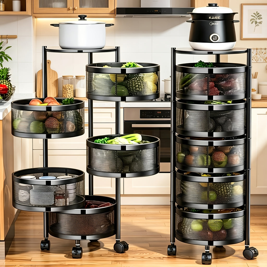 Compact Adjustable Home Storage Rack – durable multi-purpose storage, POKEPIC 5-Tier Round 360 Rotating Storage Cart No Assembly Mobile Organizer Space Saving Floor, designed for American homes, daily convenience and practical gifting