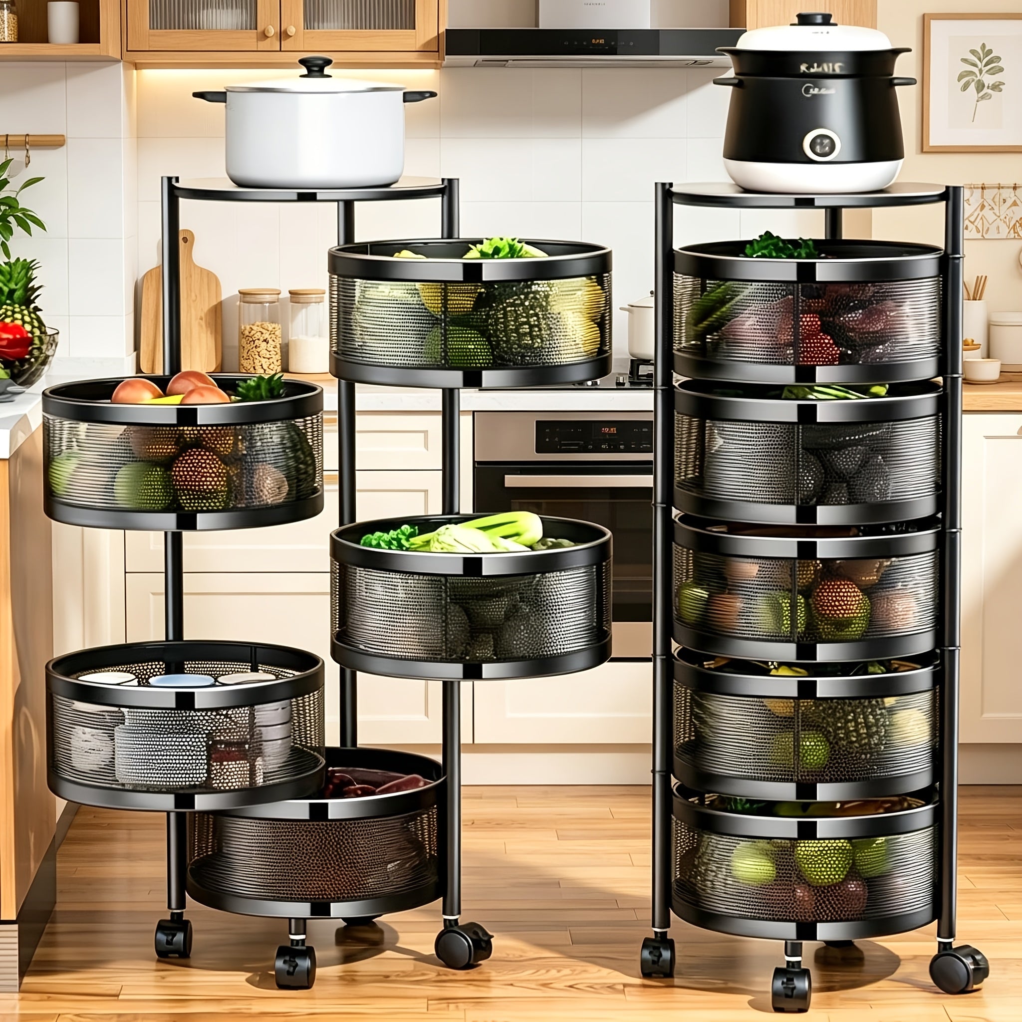 Compact Adjustable Home Storage Rack – durable multi-purpose storage, POKEPIC 5-Tier Round 360 Rotating Storage Cart No Assembly Mobile Organizer Space Saving Floor, designed for American homes, daily convenience and practical gifting