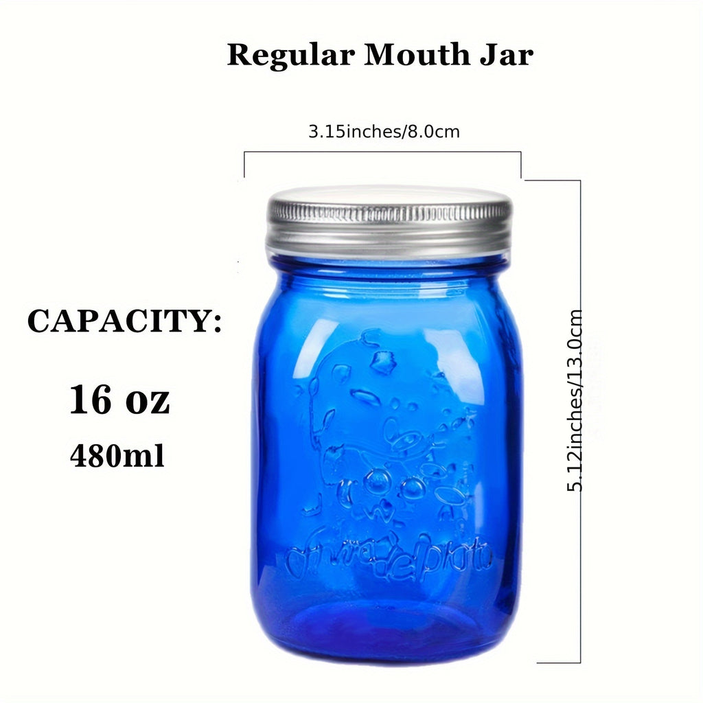 Amzcku 16 Oz Blue Mason Jars with Lids, Regular Mouth Canning Jars, 6 Pack Versatile Glass Containers for Storage, Canning, Pickling, Preserving, Fermenting, Crafts And Decoration