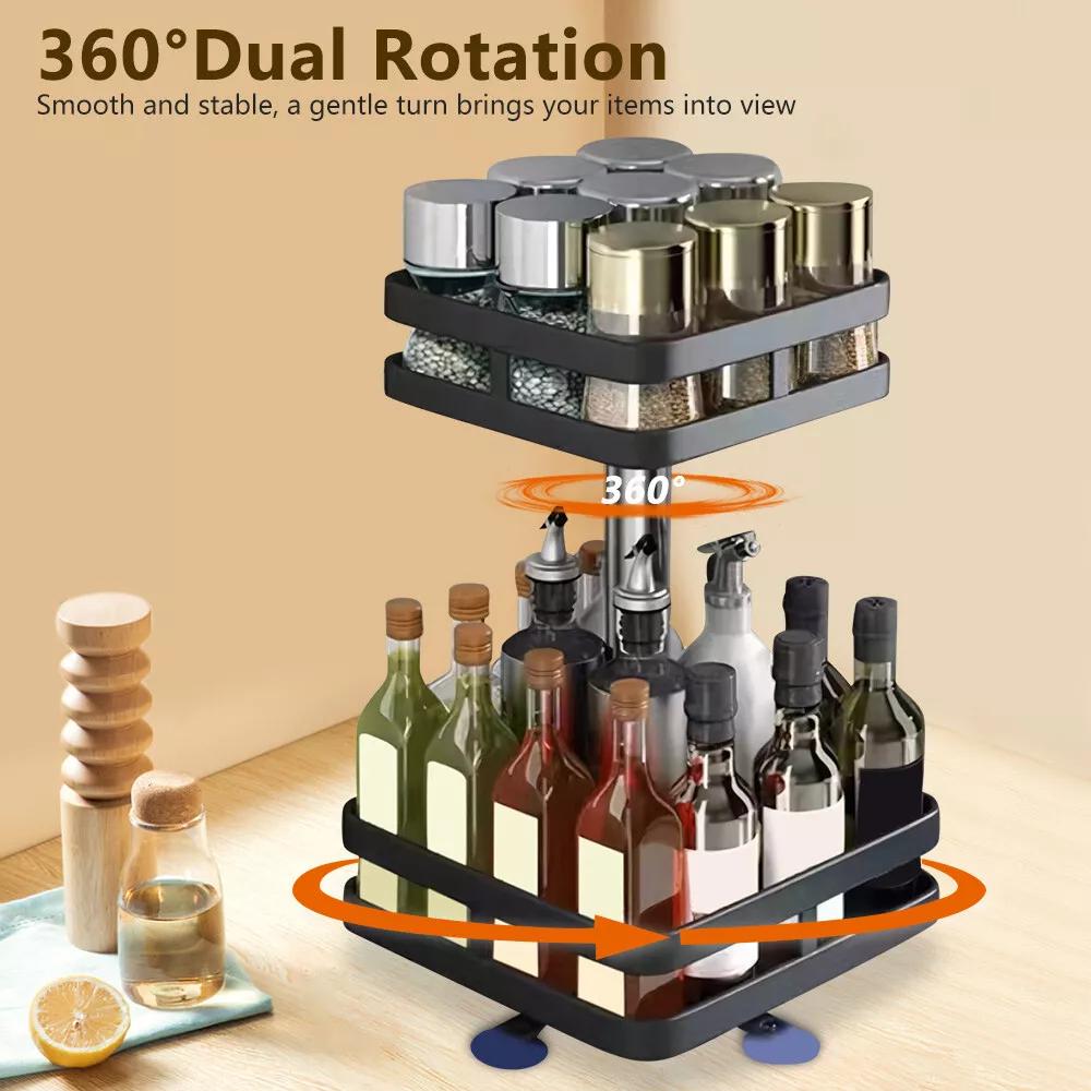 2 Tier Metal Lazy Susan Spice Rack Rotate Height Adjustable Seasoning Organizer