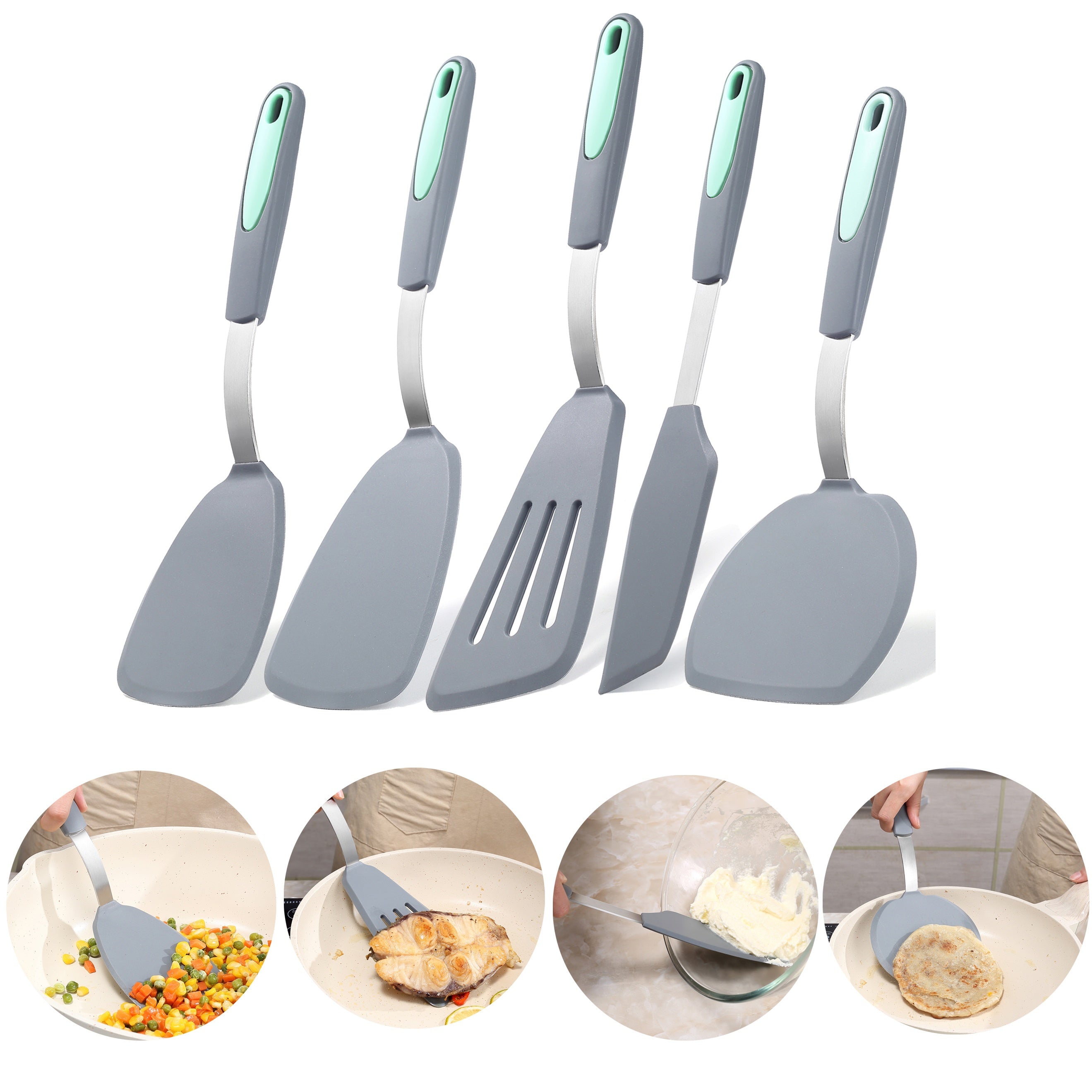 Kitchen Essential – 5pcs Silicone Spatula Set, BPA Free Silicone Turners, Heat-Resistant Cooking Utensils, Flip Turner for Fish, Egg, Pancake, Healthy Cooking Tools for Modern US Homes, easy