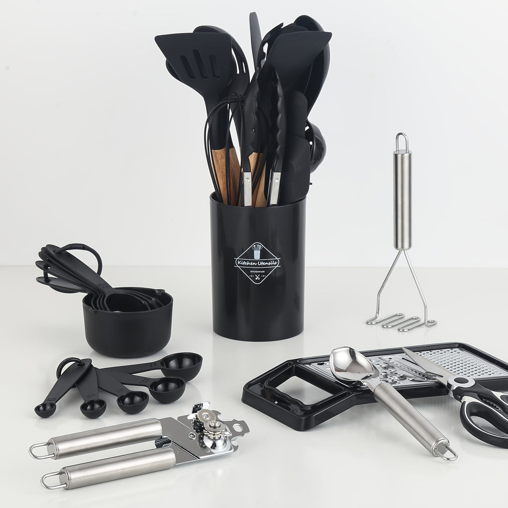 Kitchen Essential – 44pcs Silicone Kitchen Utensil Set with Holder, Nonstick Cooking Utensils, Wooden Handle Kitchen Tools, Spatula Turner Spoon Tongs Whisk Measuring Cups, Kitchen Accessori