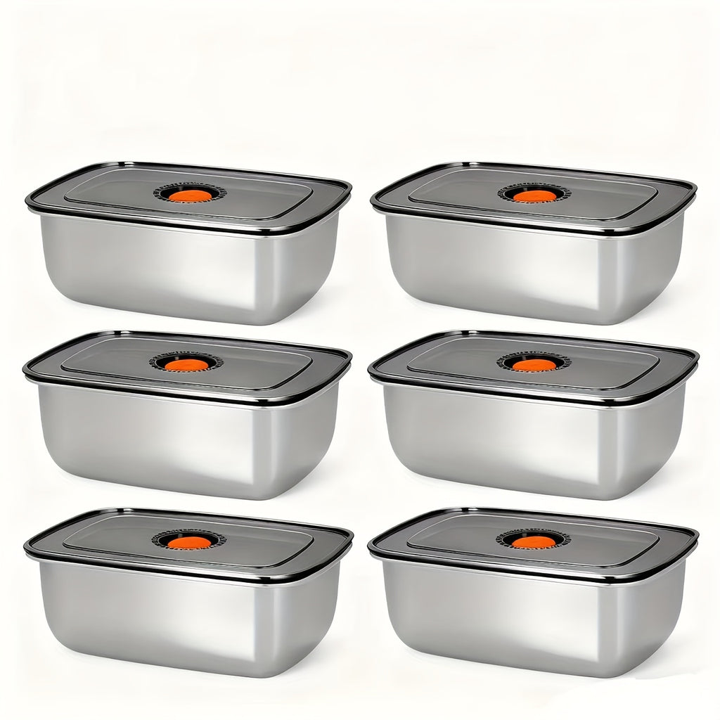Set of Six 50.72oz Storage Containers, Stainless Steel Lunch Boxes, Suitable for Refrigerator Use, Refrigerator Storage Containers
