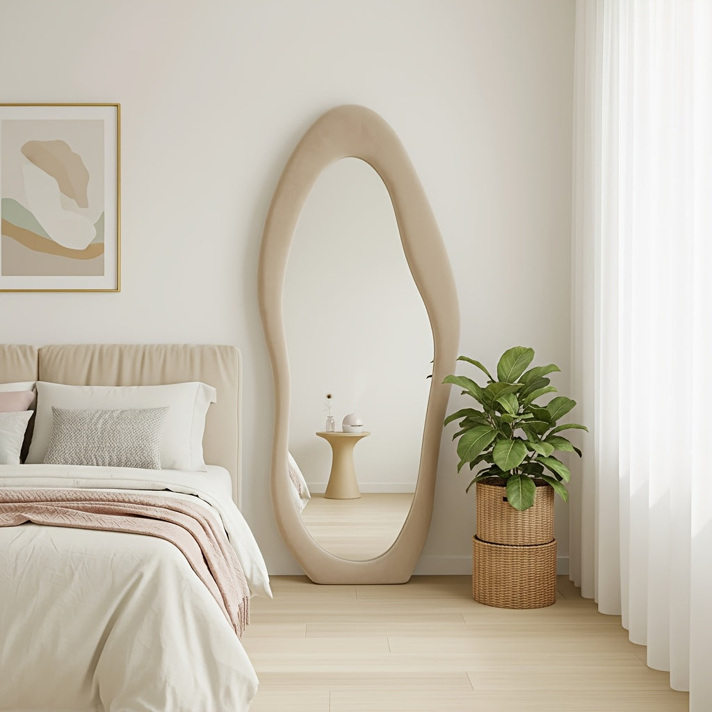 Full Length Mirror – Irregular Velvet Frame Full Length Mirror Safe Rounded Corner for Kids Room (Milk Tea, White, Black, Green, Pink, Blue) for Modern US Homes, clear stylish reflection, Ve